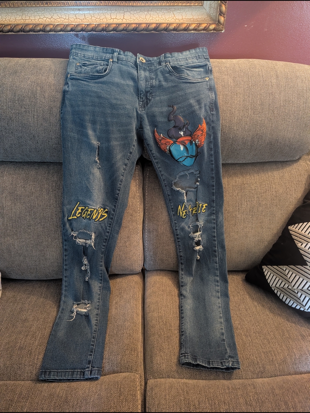 Black Pike 34X32 Blue Skinny Jeans with Winged Heart Patch and Yellow Script